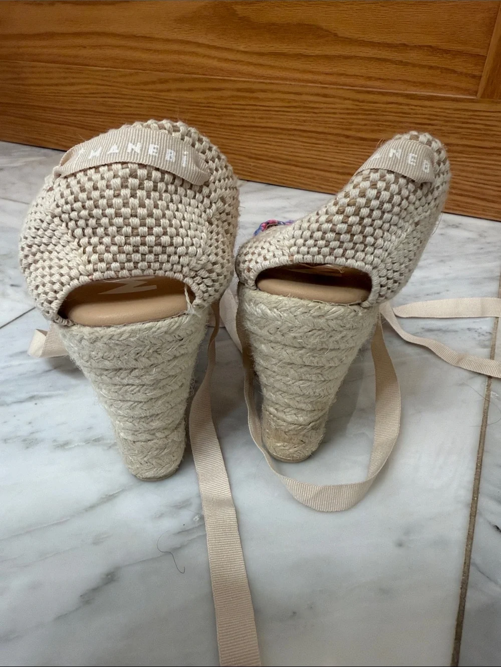 Manebi Pink & Blue Woven Espadrille Flats with Cream Ankle Ties